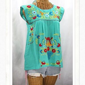 Siren Brand Floral Embroidered Turquoise Blouse